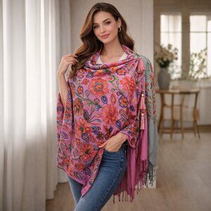 Ombre Deep Pink/Gray Embroidered Kashmir 100% Wool